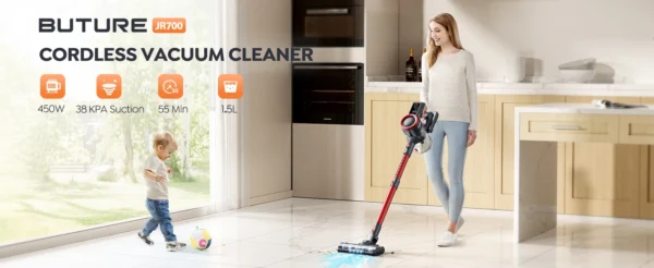 A woman cleaning her house with a JR700 cordless handheld vacuum cleaner, sold by Dirt Free Spots